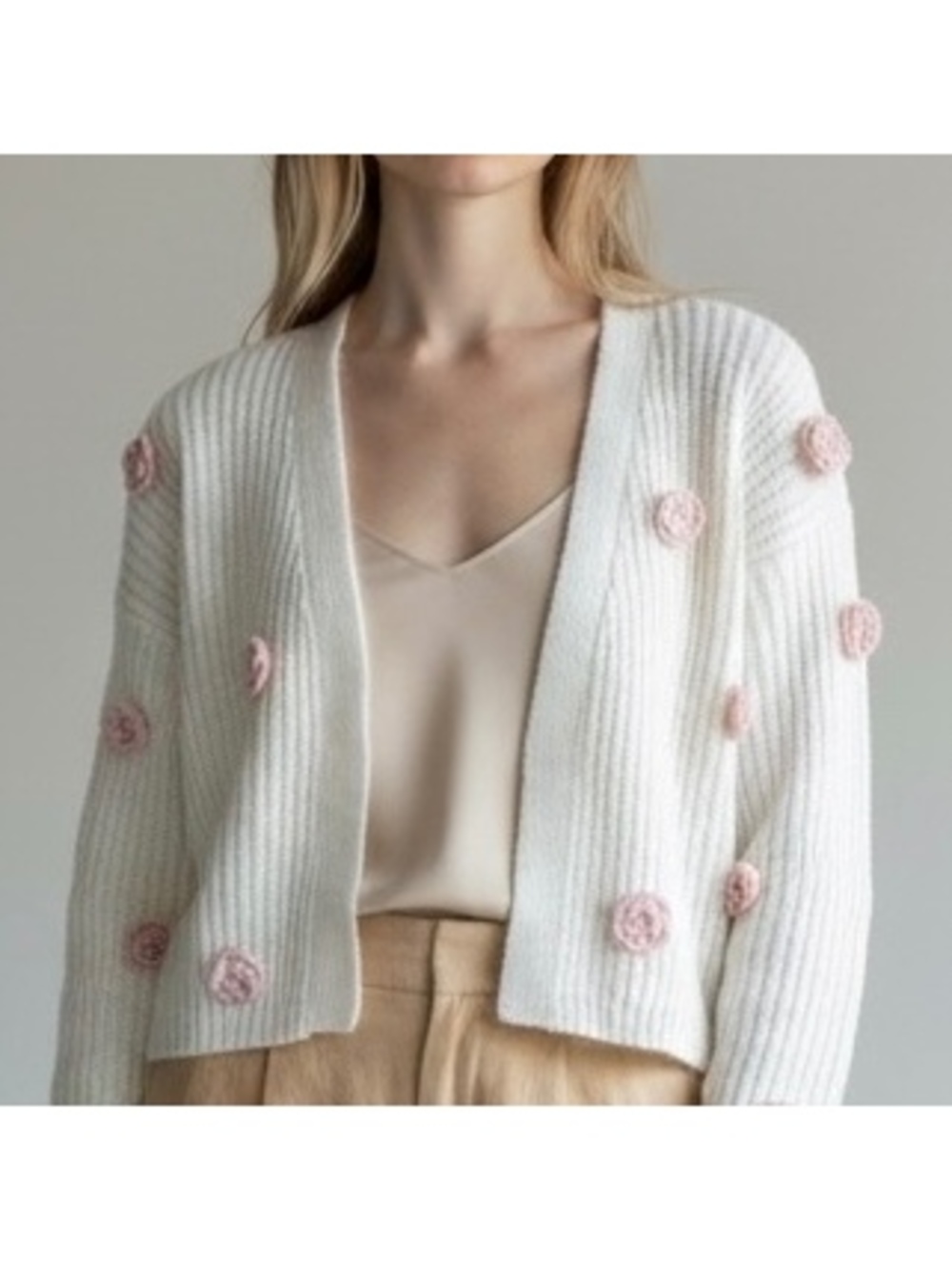 Hollister Co. White Ribbed Cropped Cardigan with Pink 3D Rosette Flowers